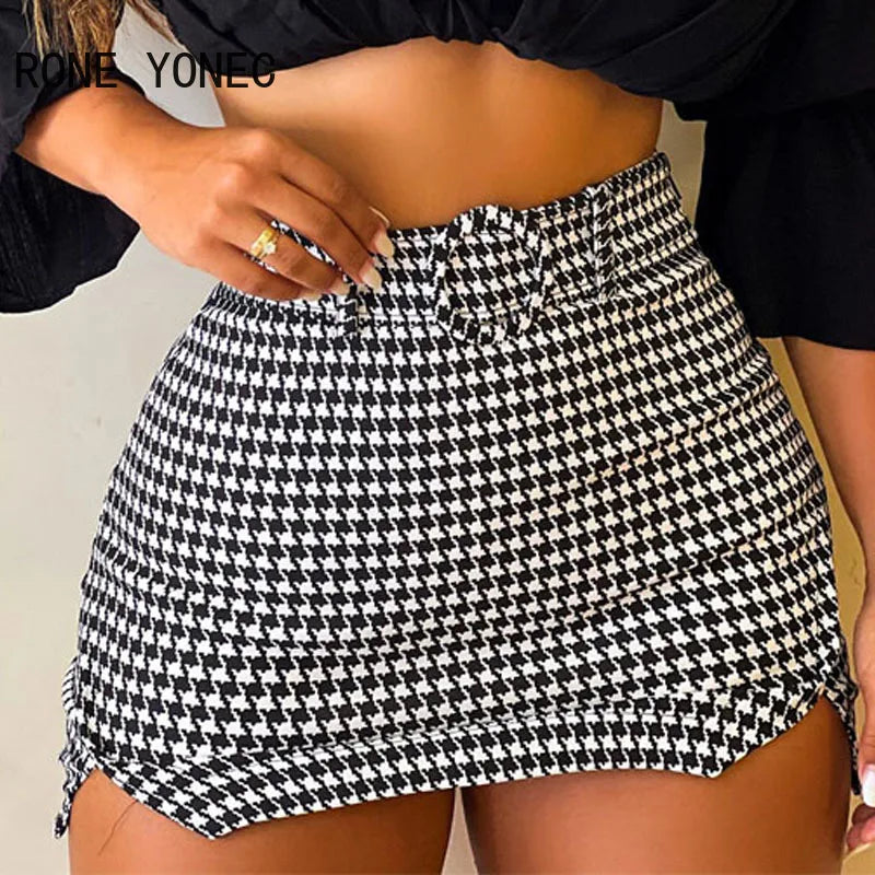 IMIEMIE Women Chic with Belt Slash Small V Neck Three Quarter Sleeves Houndstooth Pattern Bottom& Solid Top Bodycon Skirt Sets