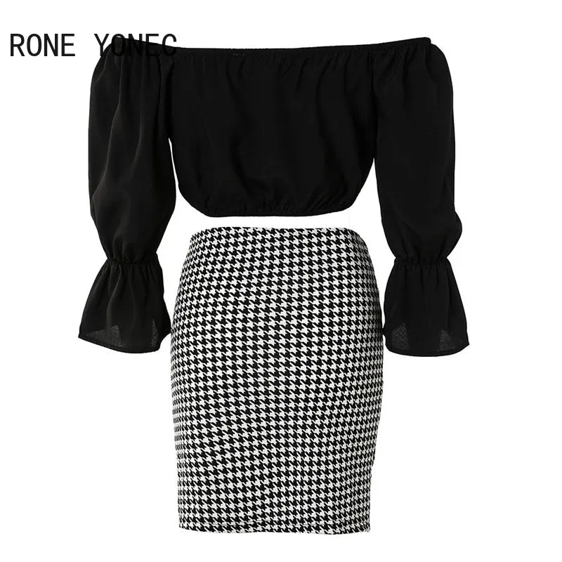 IMIEMIE Women Chic with Belt Slash Small V Neck Three Quarter Sleeves Houndstooth Pattern Bottom& Solid Top Bodycon Skirt Sets