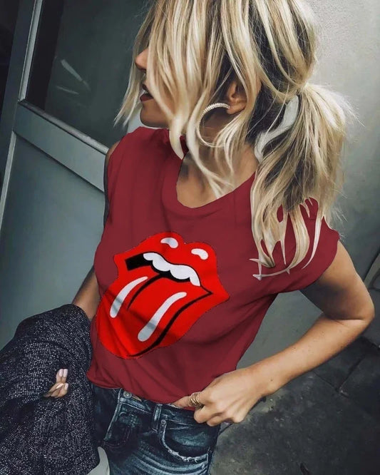 IMIEMIE Women Clothes Red Mouth Tongue Funny T Shirt Women O Neck Oversize Loose Short Sleeve Hot Girls Summer Fashion Casual Tops S-3XL