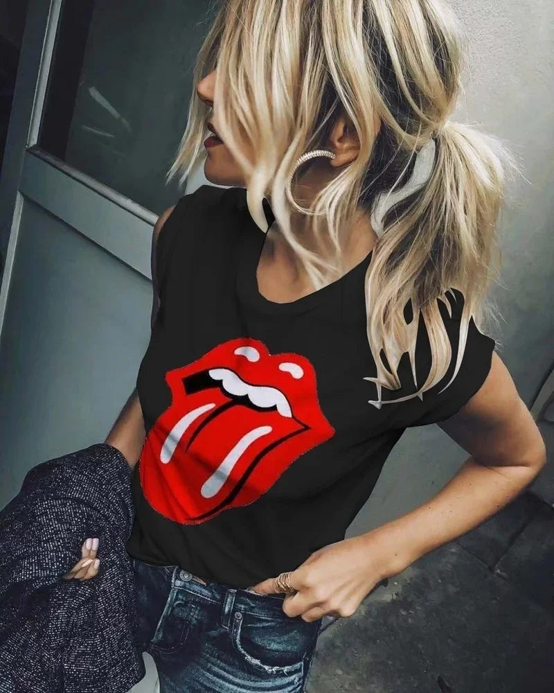 IMIEMIE Women Clothes Red Mouth Tongue Funny T Shirt Women O Neck Oversize Loose Short Sleeve Hot Girls Summer Fashion Casual Tops S-3XL