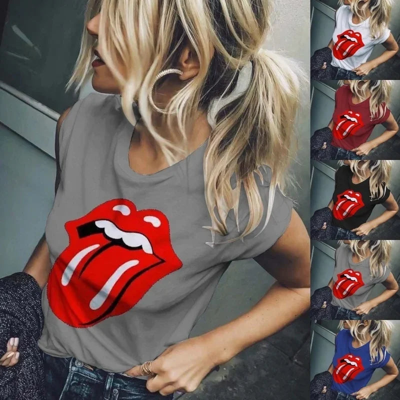 IMIEMIE Women Clothes Red Mouth Tongue Funny T Shirt Women O Neck Oversize Loose Short Sleeve Hot Girls Summer Fashion Casual Tops S-3XL