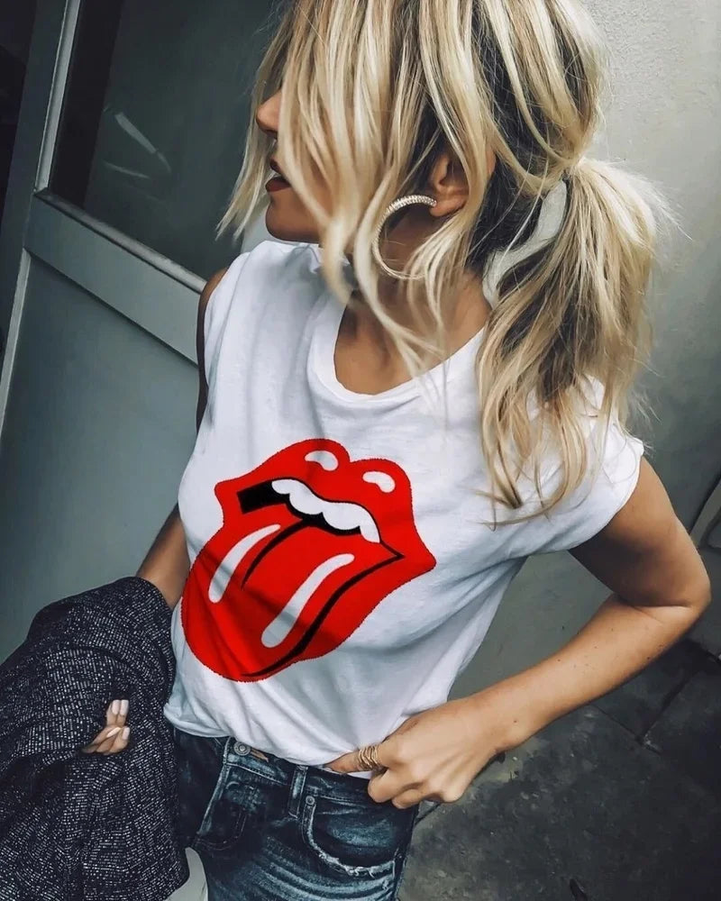 IMIEMIE Women Clothes Red Mouth Tongue Funny T Shirt Women O Neck Oversize Loose Short Sleeve Hot Girls Summer Fashion Casual Tops S-3XL