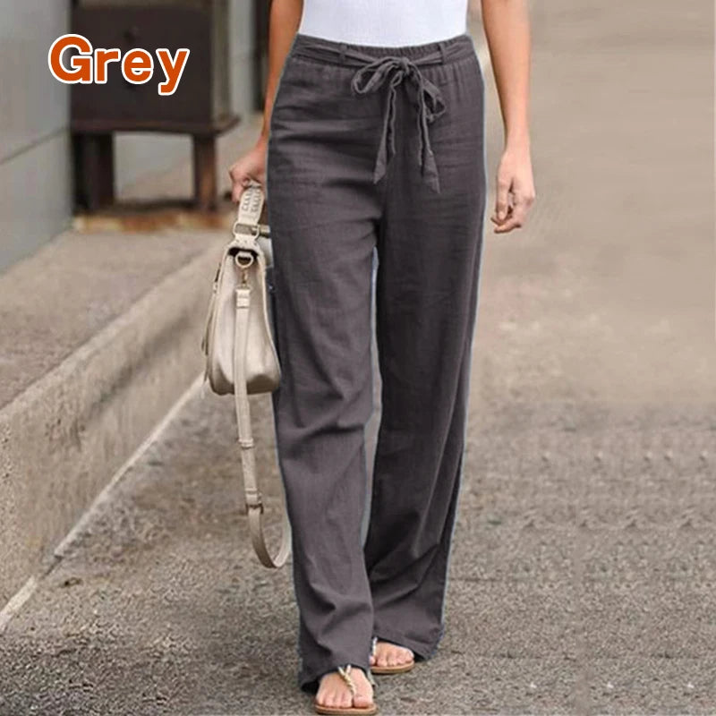 IMIEMIE Women Cotton Linen Casual Pants Summer Fashion Drawstring Elastic Waist Loose Straight Pants Female Solid Ankle-Length Trousers