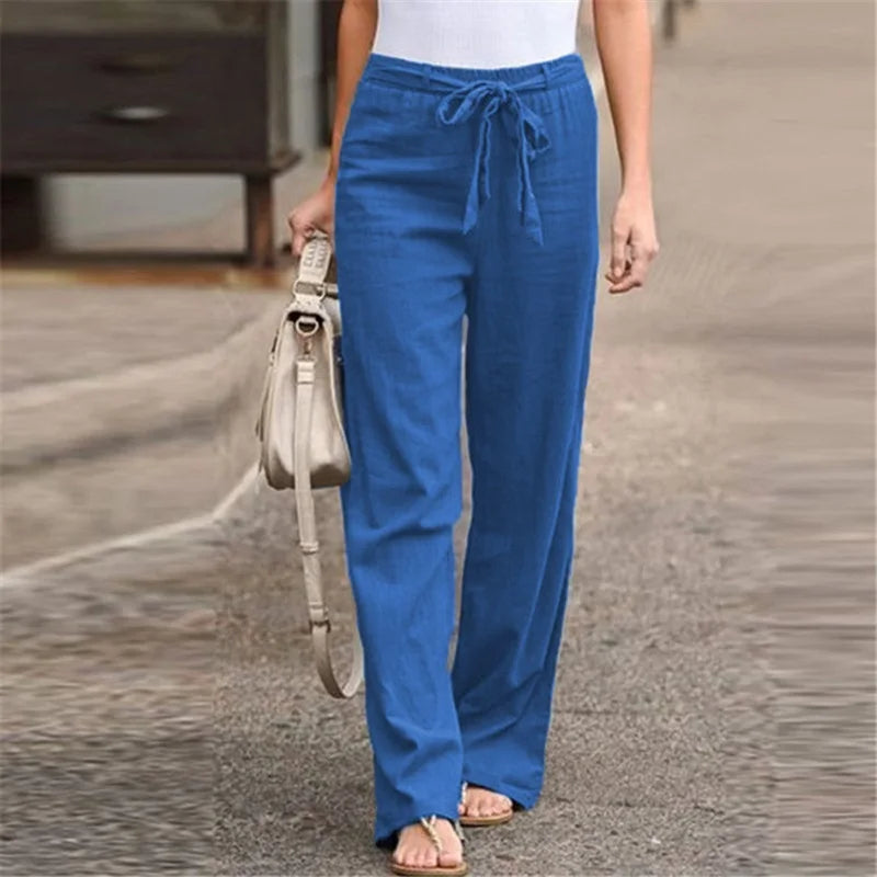 IMIEMIE Women Cotton Linen Casual Pants Summer Fashion Drawstring Elastic Waist Loose Straight Pants Female Solid Ankle-Length Trousers