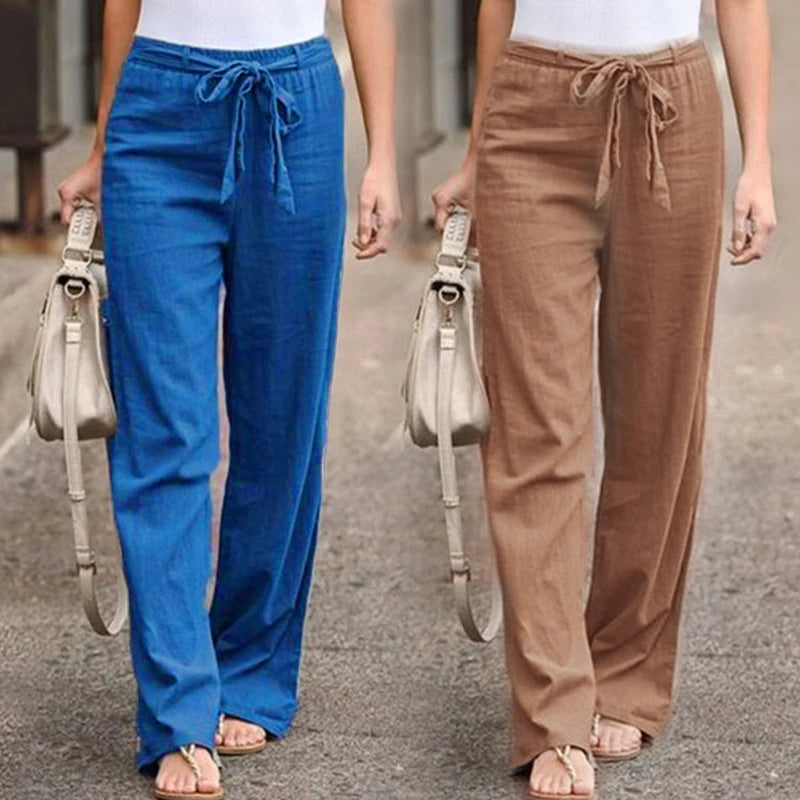 IMIEMIE Women Cotton Linen Casual Pants Summer Fashion Drawstring Elastic Waist Loose Straight Pants Female Solid Ankle-Length Trousers