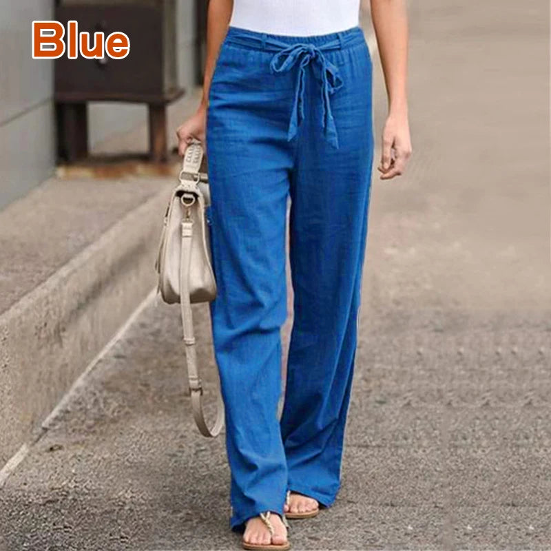 IMIEMIE Women Cotton Linen Casual Pants Summer Fashion Drawstring Elastic Waist Loose Straight Pants Female Solid Ankle-Length Trousers