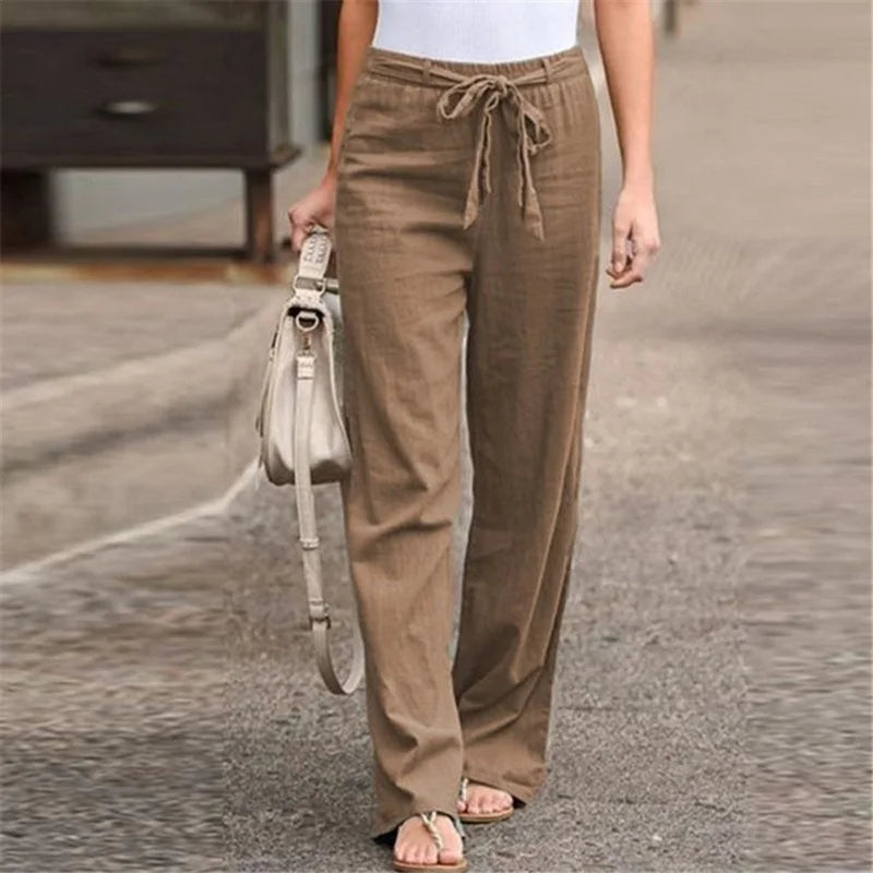 IMIEMIE Women Cotton Linen Casual Pants Summer Fashion Drawstring Elastic Waist Loose Straight Pants Female Solid Ankle-Length Trousers