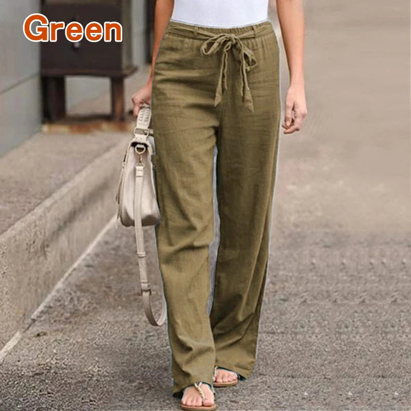 IMIEMIE Women Cotton Linen Casual Pants Summer Fashion Drawstring Elastic Waist Loose Straight Pants Female Solid Ankle-Length Trousers