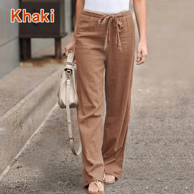 IMIEMIE Women Cotton Linen Casual Pants Summer Fashion Drawstring Elastic Waist Loose Straight Pants Female Solid Ankle-Length Trousers