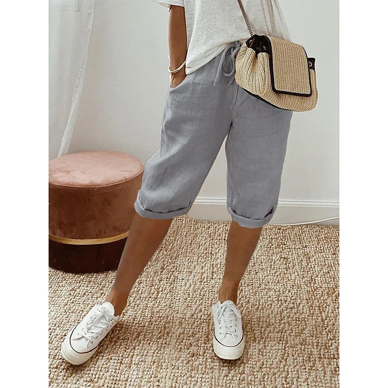 IMIEMIE Women Cotton Linen Shorts Summer Solid Lace Up Elastic Waist Straight Pant Female Street Harajuku Style Casual Sport Pants