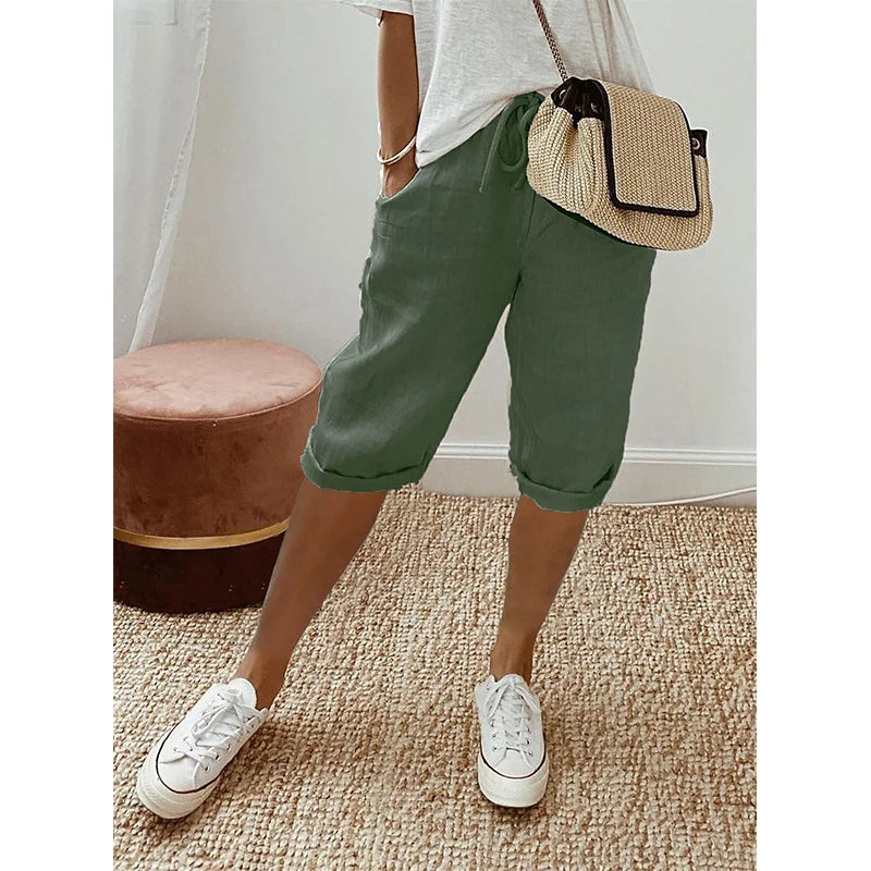 IMIEMIE Women Cotton Linen Shorts Summer Solid Lace Up Elastic Waist Straight Pant Female Street Harajuku Style Casual Sport Pants