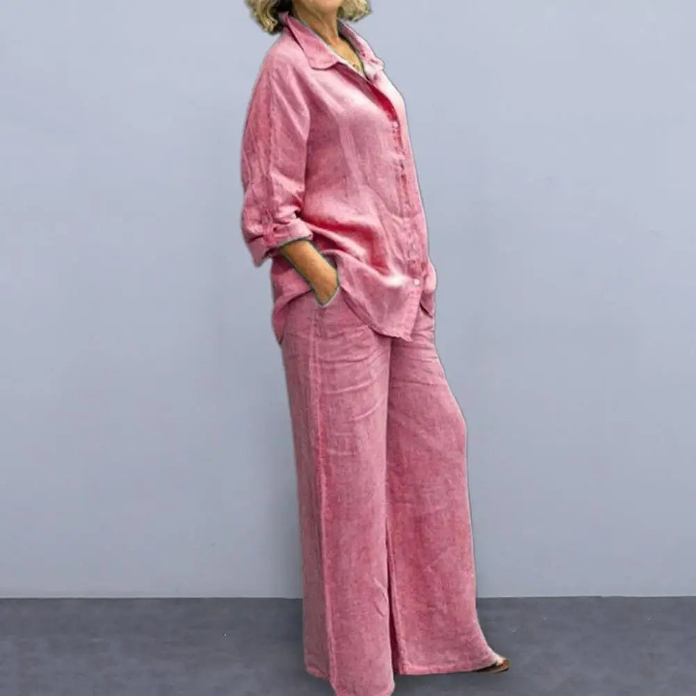 IMIEMIE Women Cotton Linen Suits 2024 Elegant Solid Long Sleeve Shirt Wide Leg Trousers Two Piece Set Female Casual Straight Pants Suits