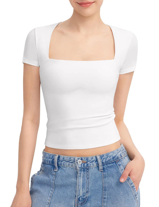 IMIEMIE Women Crop Top Square Neck Solid Slim Fit Tops Short Sleeve 2024 New Basic Tee Female Chic Top