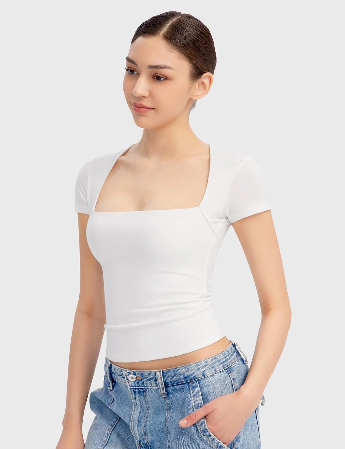 IMIEMIE Women Crop Top Square Neck Solid Slim Fit Tops Short Sleeve 2024 New Basic Tee Female Chic Top