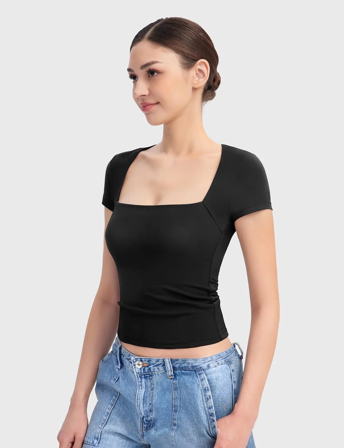 IMIEMIE Women Crop Top Square Neck Solid Slim Fit Tops Short Sleeve 2024 New Basic Tee Female Chic Top