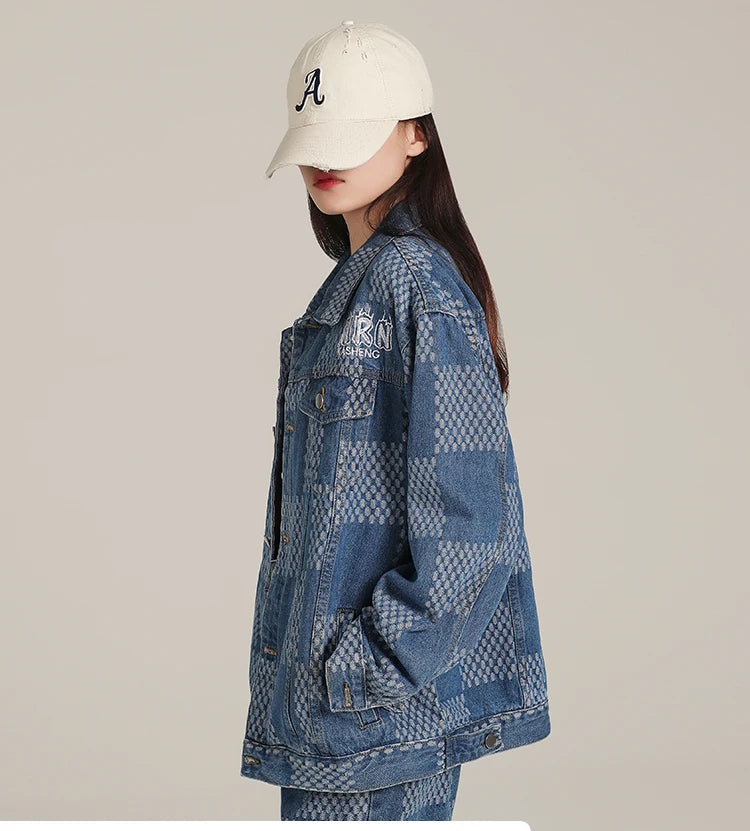 IMIEMIE Women Denim Jacket Long Sleeve Tops and Loose Jeans Streetwear Two Piece Suits Over Coat Full Set Autumn