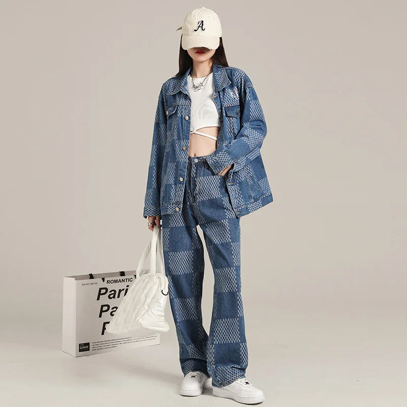 IMIEMIE Women Denim Jacket Long Sleeve Tops and Loose Jeans Streetwear Two Piece Suits Over Coat Full Set Autumn