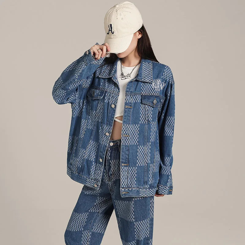 IMIEMIE Women Denim Jacket Long Sleeve Tops and Loose Jeans Streetwear Two Piece Suits Over Coat Full Set Autumn