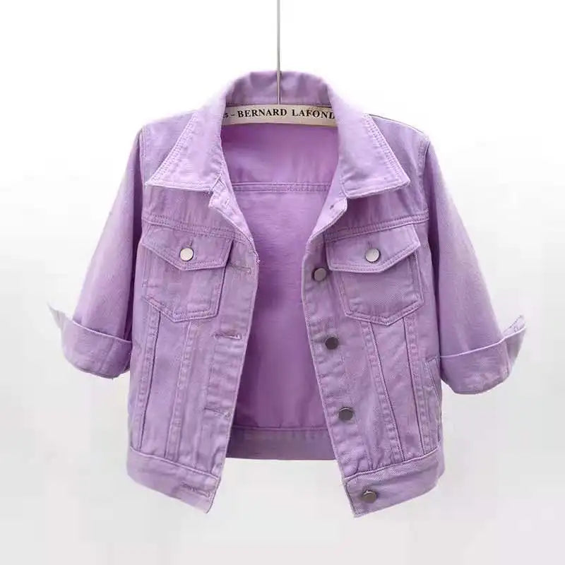 IMIEMIE Women Denim Jacket Spring Autumn Short Coat Pink Jean Jackets Casual Tops Purple Yellow Purple Blue Loose Tops Lady Outerwear