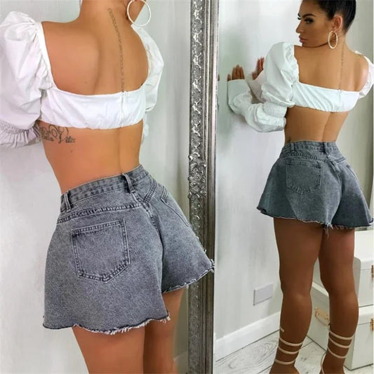 IMIEMIE Women Denim Shorts Summer Loose Style High Waist Streetwear Pantalones Cortos Solid Cutting Edge Flared Shorts Fashion Femme