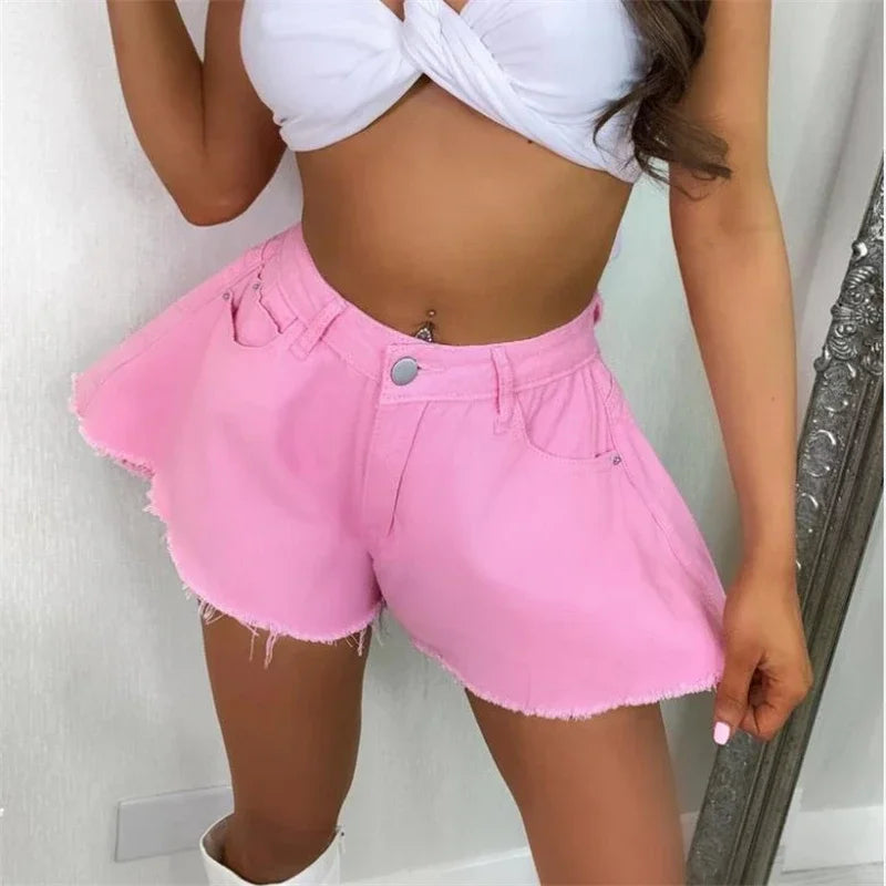 IMIEMIE Women Denim Shorts Summer Loose Style High Waist Streetwear Pantalones Cortos Solid Cutting Edge Flared Shorts Fashion Femme