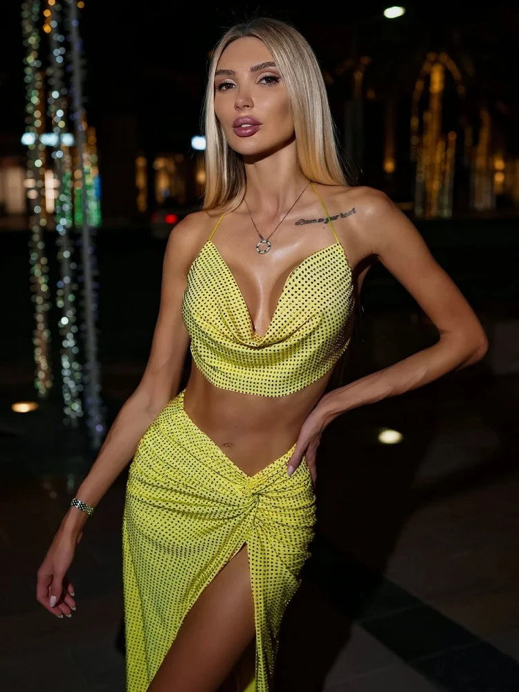 IMIEMIE Women Diamonds 2 Piece Set Sexy Swinging Collar Crop Tops + Long Slit Skirts Suits Yellow Rose Red Backless Lace-up Sets Party