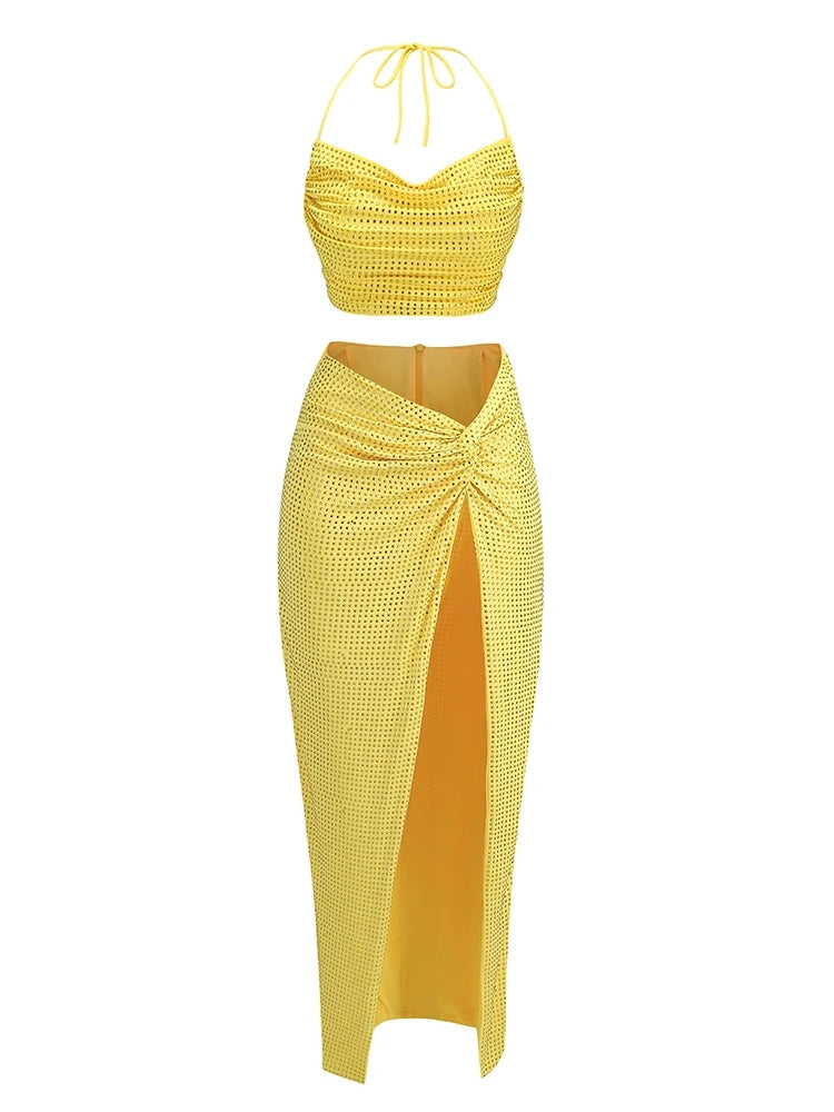 IMIEMIE Women Diamonds 2 Piece Set Sexy Swinging Collar Crop Tops + Long Slit Skirts Suits Yellow Rose Red Backless Lace-up Sets Party