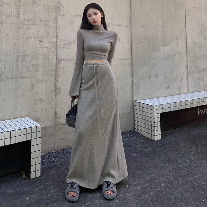 IMIEMIE Women Elegant Half Turtle Neck 2 Piece Skirts Y2K Autumn Korean Streetwear Crop Tops Female Loose Long Sleeve Party Skirts Sets