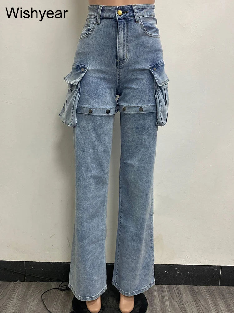 IMIEMIE omen Fashion Designer Button Fly High Waist 3D Pockets Jeans Casual Straight Trousers Detachable As Shorts Denim Cargo Pants