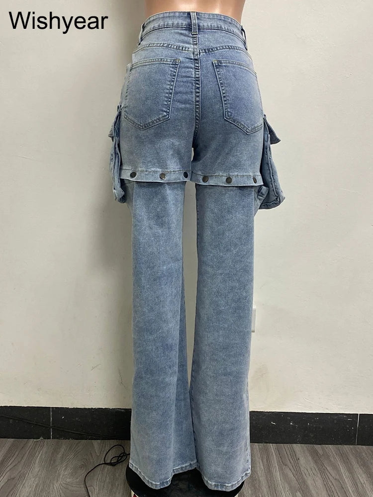 IMIEMIE omen Fashion Designer Button Fly High Waist 3D Pockets Jeans Casual Straight Trousers Detachable As Shorts Denim Cargo Pants