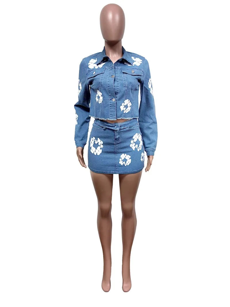 IMIEMIE Women Fashion Print Denim Two Piece Set Turn Down Collar Long Sleeve Jacket Crop Top Bodycon Mini Skirts Casual Jeans Dress Suit