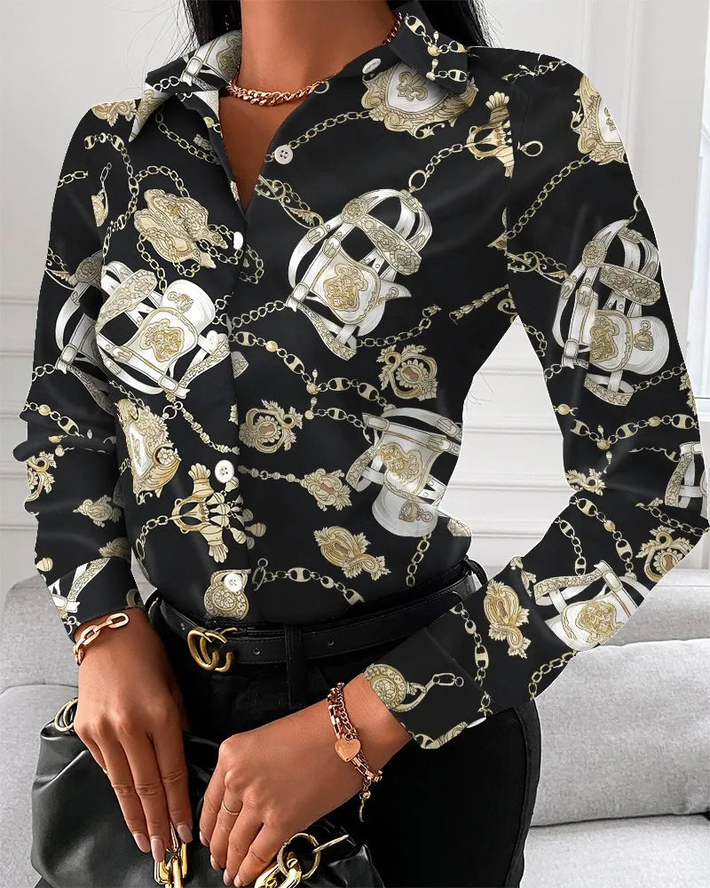 IMIEMIE Women Fashion Wild Shirts Chain/Floral/Letter/Geometric Square Print Turn-Down Collar Long Sleeve Blouses