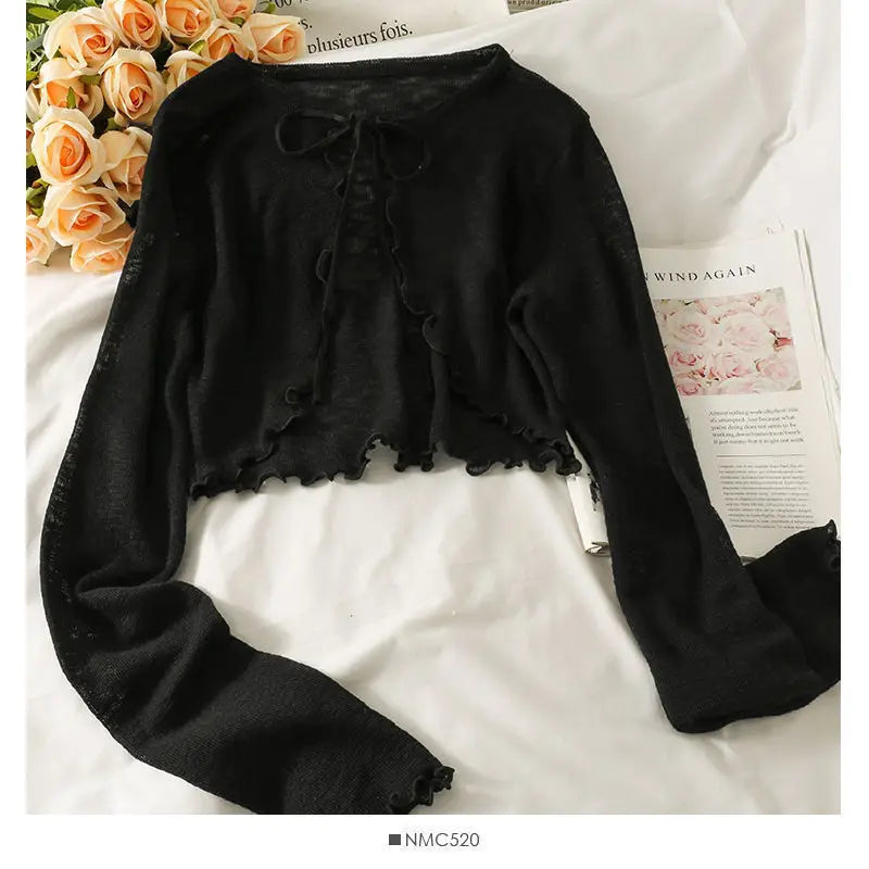 IMIEMIE Women Frenum Cardigan Blouses and Tops Bow Lace Up Long Sleeve Crop Top Female Elegant Shirt Thin Aesthetic Clothes Korean Style