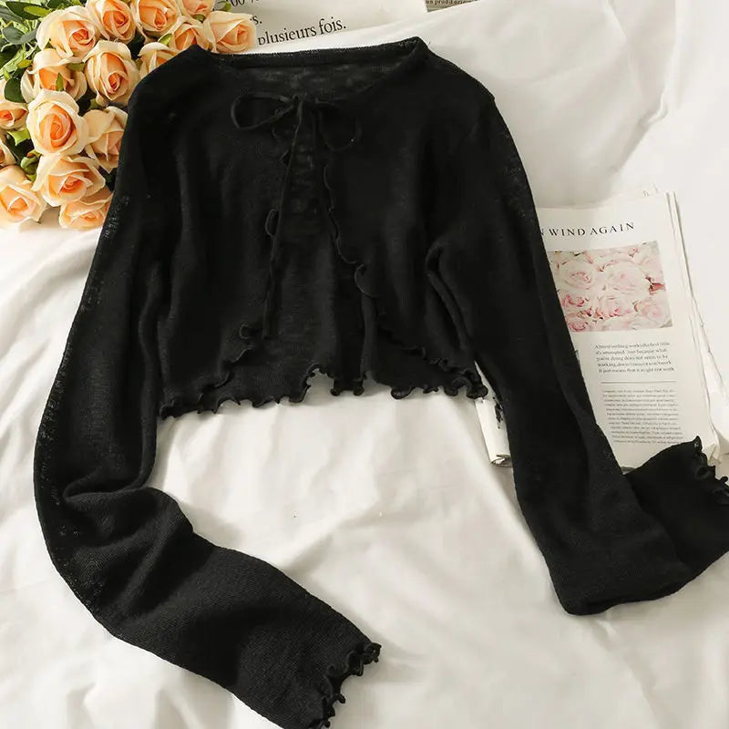 IMIEMIE Women Frenum Cardigan Blouses and Tops Bow Lace Up Long Sleeve Crop Top Female Elegant Shirt Thin Aesthetic Clothes Korean Style