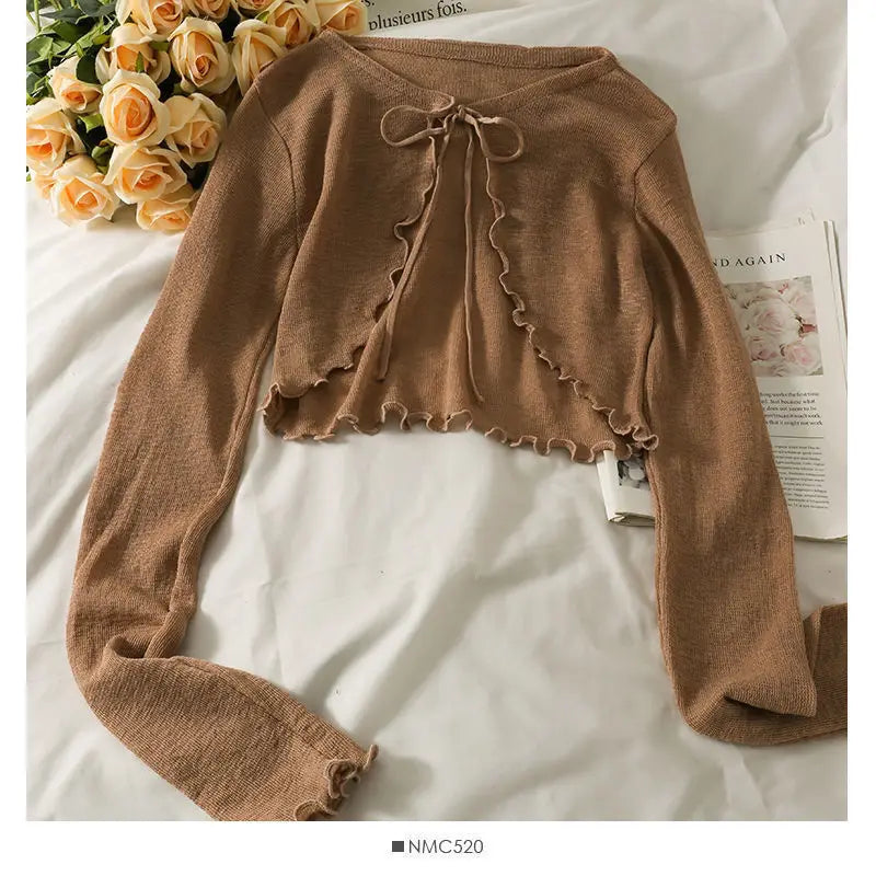 IMIEMIE Women Frenum Cardigan Blouses and Tops Bow Lace Up Long Sleeve Crop Top Female Elegant Shirt Thin Aesthetic Clothes Korean Style