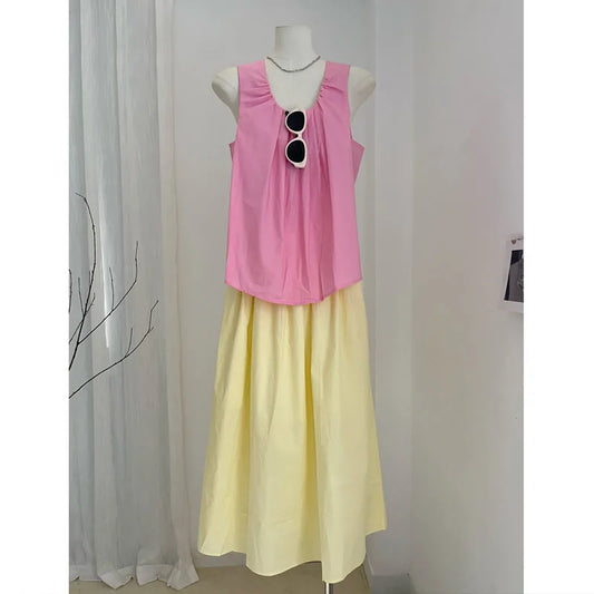 IMIEMIE Women Girlish Feeling Pink Sling Vest Yellow A-word Half Length Skirt 2024 Summer Fashion New Dopamine Contrasting Colors Suit