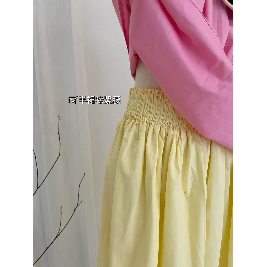 IMIEMIE Women Girlish Feeling Pink Sling Vest Yellow A-word Half Length Skirt 2024 Summer Fashion New Dopamine Contrasting Colors Suit