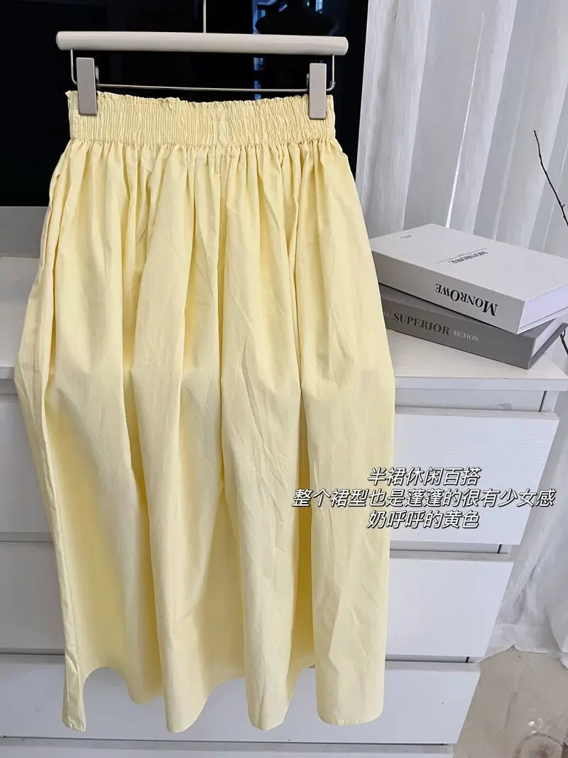 IMIEMIE Women Girlish Feeling Pink Sling Vest Yellow A-word Half Length Skirt 2024 Summer Fashion New Dopamine Contrasting Colors Suit