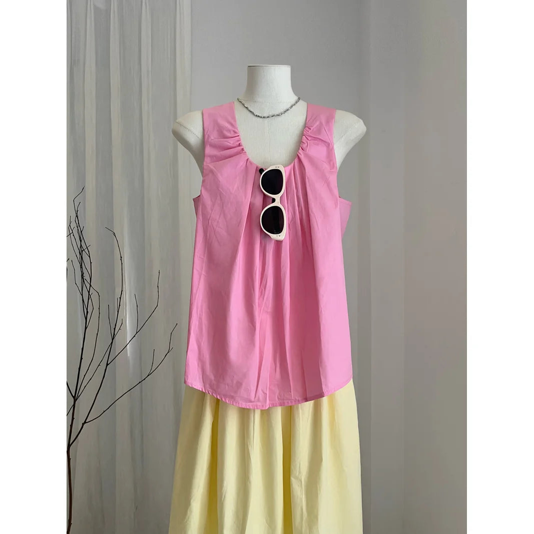 IMIEMIE Women Girlish Feeling Pink Sling Vest Yellow A-word Half Length Skirt 2024 Summer Fashion New Dopamine Contrasting Colors Suit