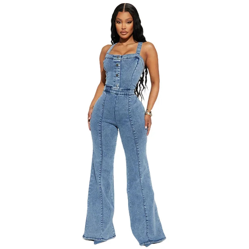 IMIEMIE Women High Waist Button Half-open Suspenders Denim Jumpsuit Flared Jeans Female Casual Backless Zipper Splice Rompers Streetwear