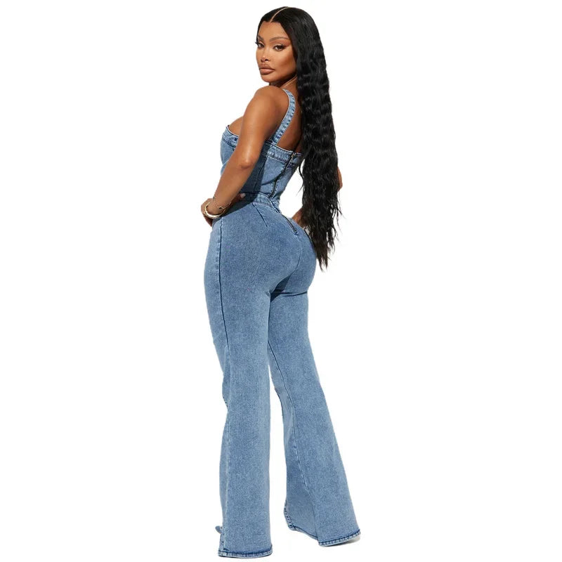 IMIEMIE Women High Waist Button Half-open Suspenders Denim Jumpsuit Flared Jeans Female Casual Backless Zipper Splice Rompers Streetwear