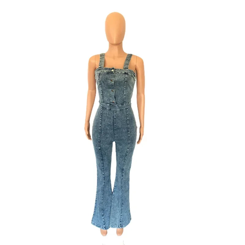 IMIEMIE Women High Waist Button Half-open Suspenders Denim Jumpsuit Flared Jeans Female Casual Backless Zipper Splice Rompers Streetwear