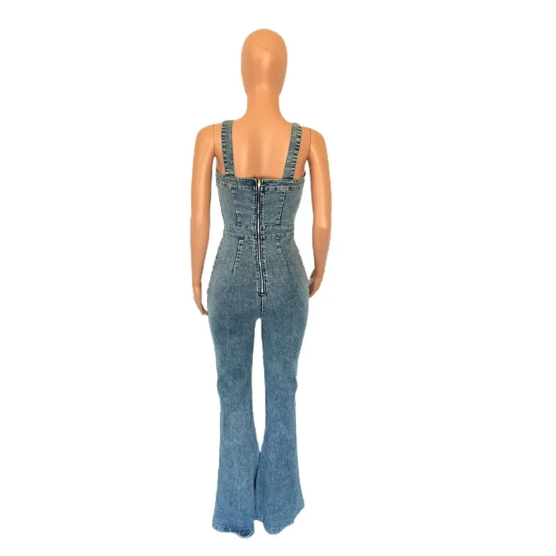 IMIEMIE Women High Waist Button Half-open Suspenders Denim Jumpsuit Flared Jeans Female Casual Backless Zipper Splice Rompers Streetwear