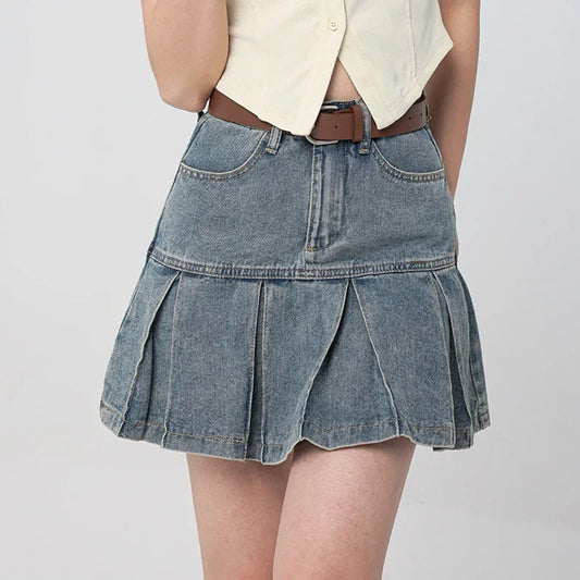 IMIEMIE Women High Waist Wild Pleated Skirts Jeans Girls Vintage Streetwear Denim Dress Female Y2k Clothes Blue Cutecore A Line Skirts