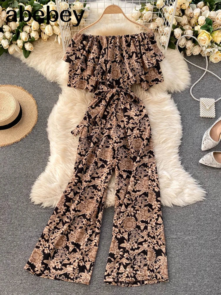 IMIEMIE Women Jumpsuit Rompers Summer Casual Floral Print Off Shoulder Ruffles Lace-up Sashes Wide Leg Holidays Loose Jumpsuits