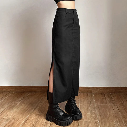 IMIEMIE Women Midi Skirts Goth Dark Grunge Casual Tag Split Mall Gothic Punk High Raise Slim Long Skirt Y2k Sexy Fashion Streetwear