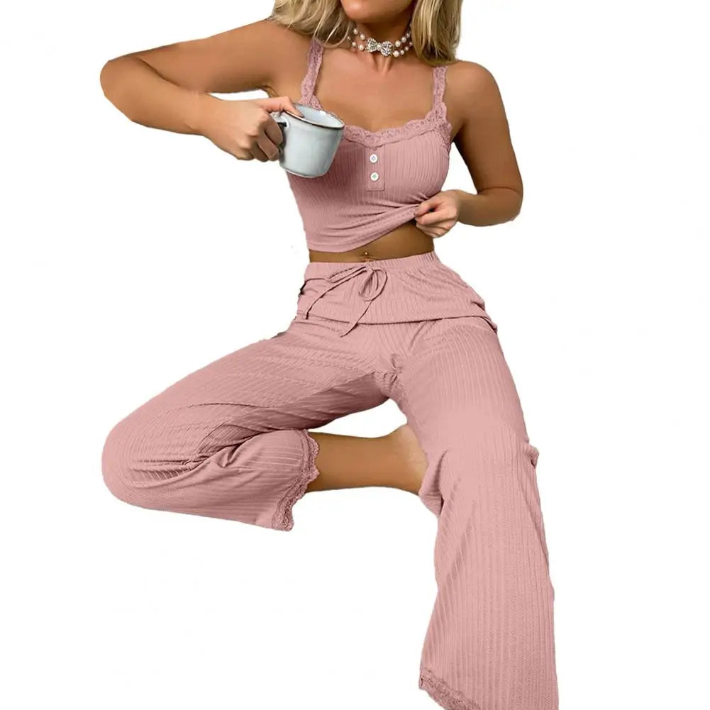 IMIEMIE Women Pajama Set Women Casual Two-piece Set Women's Summer Pajamas Set with Low-cut V Neck Tank Top High Elastic Waist Trousers