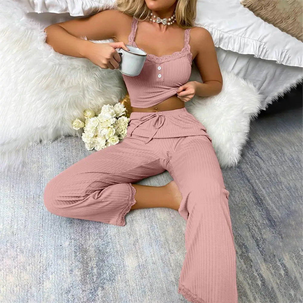 IMIEMIE Women Pajama Set Women Casual Two-piece Set Women's Summer Pajamas Set with Low-cut V Neck Tank Top High Elastic Waist Trousers