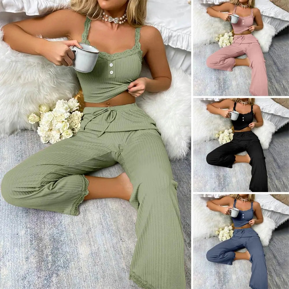 IMIEMIE Women Pajama Set Women Casual Two-piece Set Women's Summer Pajamas Set with Low-cut V Neck Tank Top High Elastic Waist Trousers