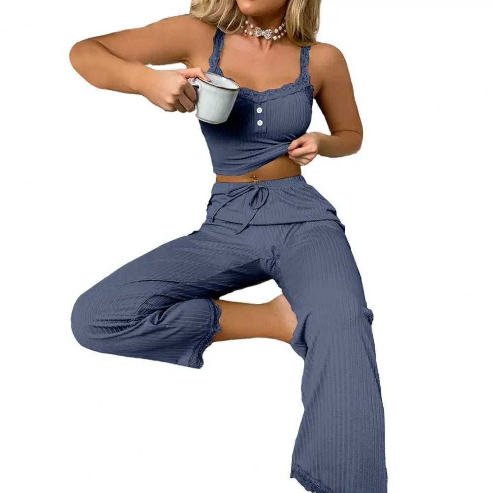 IMIEMIE Women Pajama Set Women Casual Two-piece Set Women's Summer Pajamas Set with Low-cut V Neck Tank Top High Elastic Waist Trousers